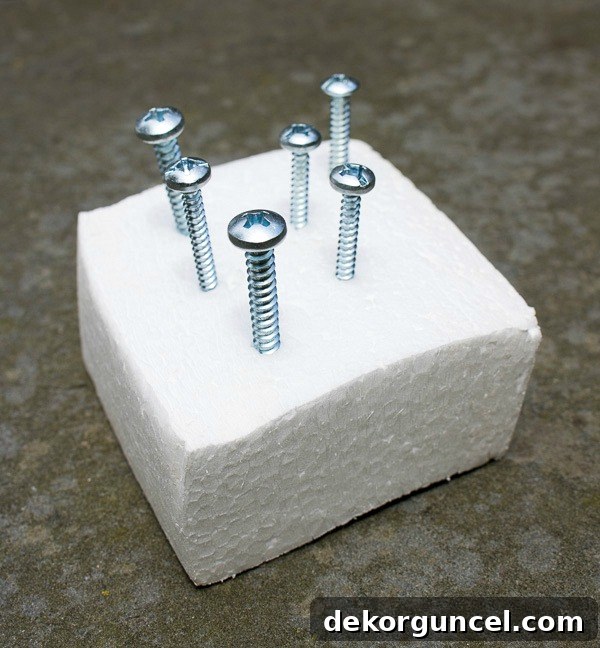 Clever DIY tip: How to spray paint screws by sticking them into styrofoam for even coverage.
