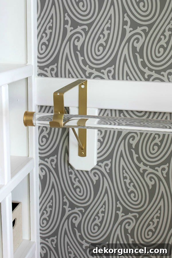 Glamorous closet makeover featuring acrylic rods with elegant gold hardware, enhancing the interior design.