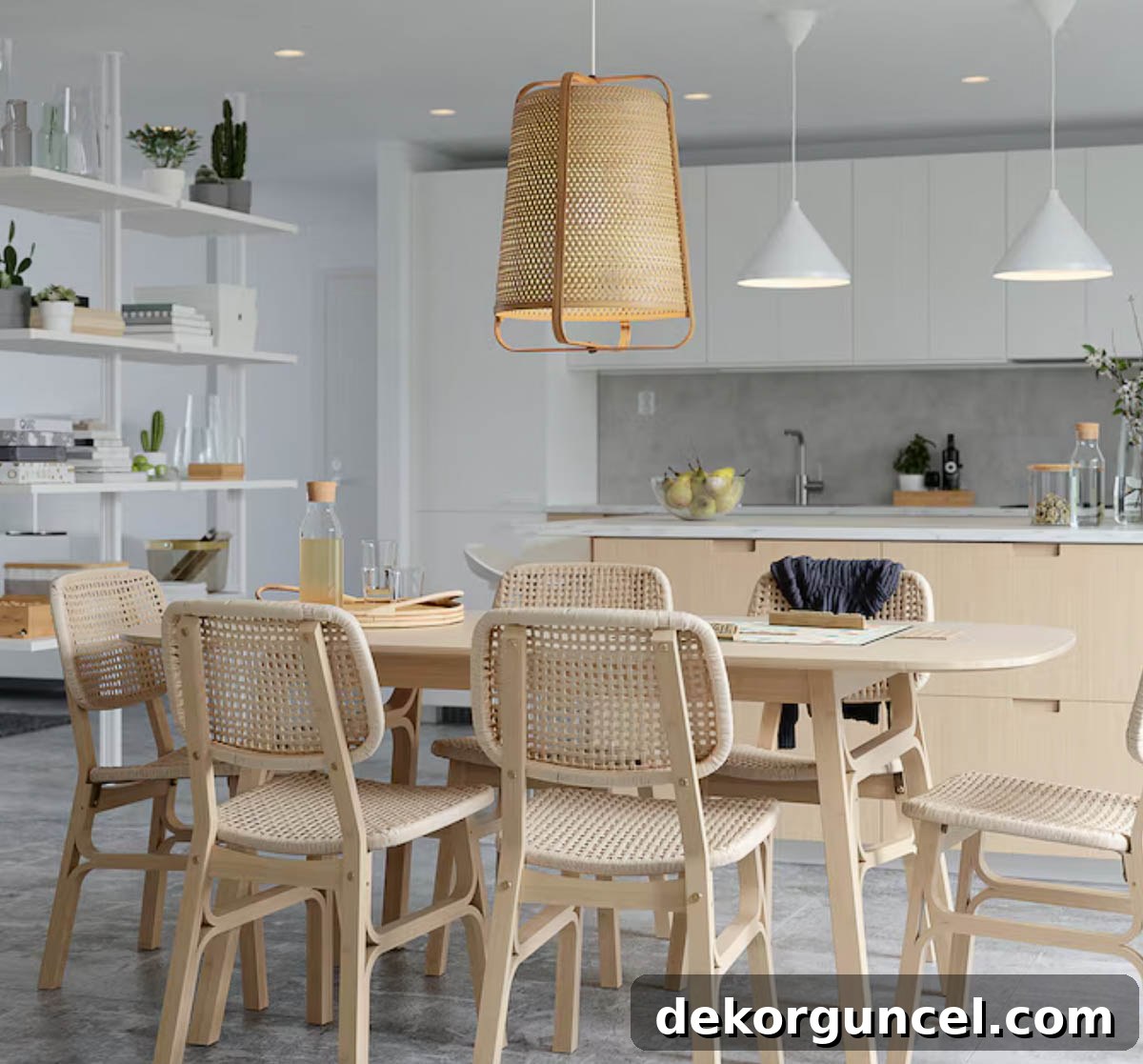 Inexpensive woven IKEA dining chair with a light bamboo frame, offering natural charm