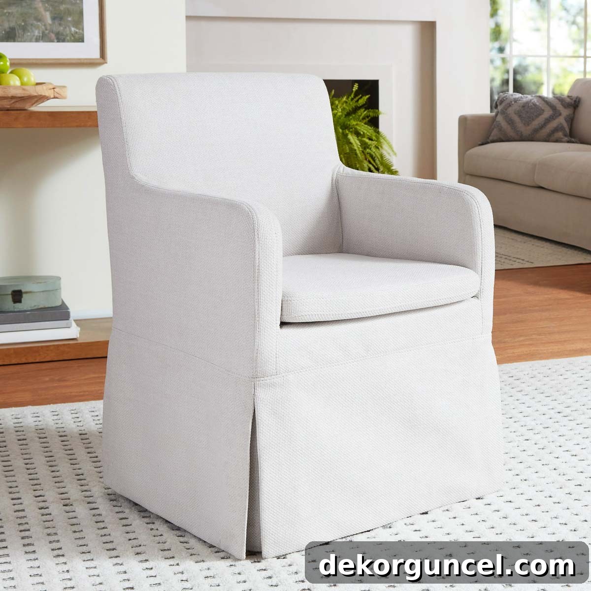 Affordable slipcovered dining chair on casters, combining style and mobility