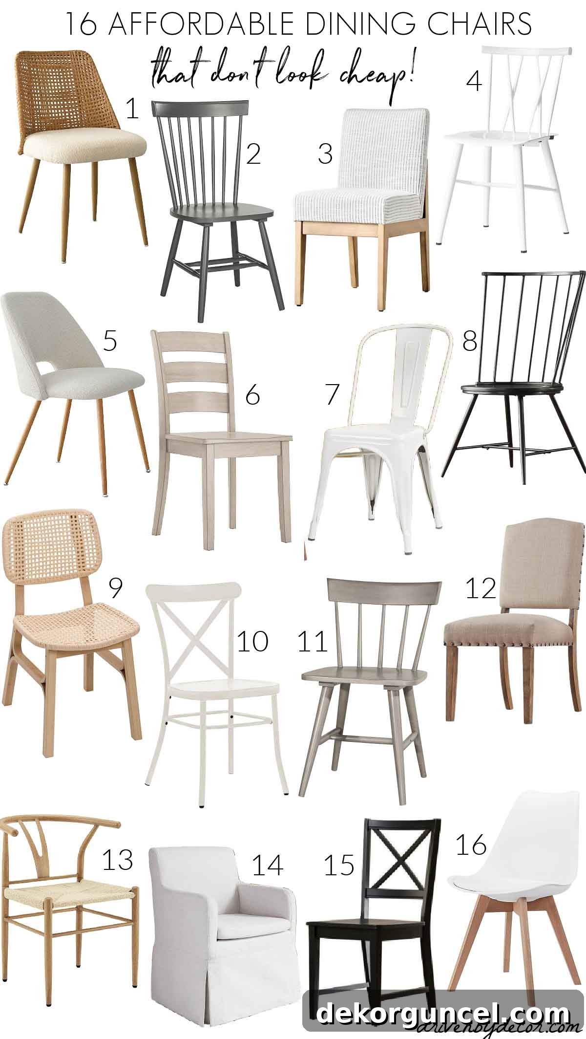 A curated collection of affordable dining chairs that don't look cheap, featuring diverse styles