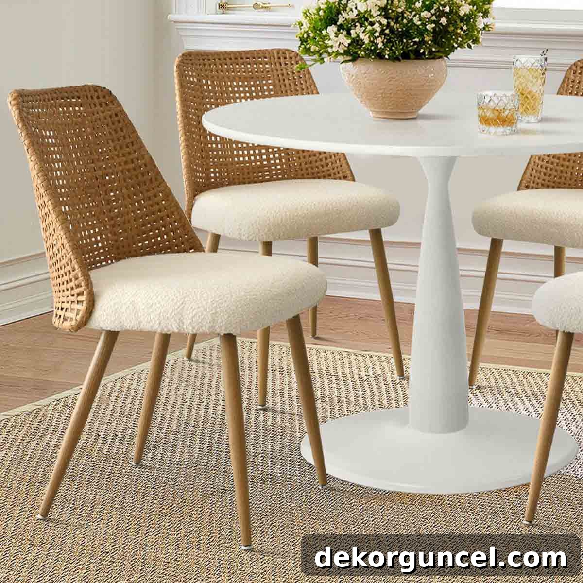 Elegant dining chair with a woven rattan back and a soft boucle fabric seat