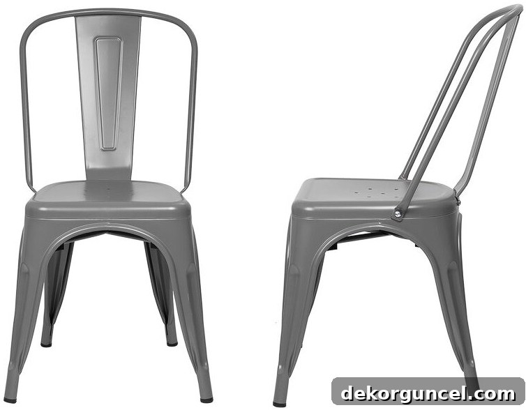 Affordable, stackable metal dining chairs with a slat back design