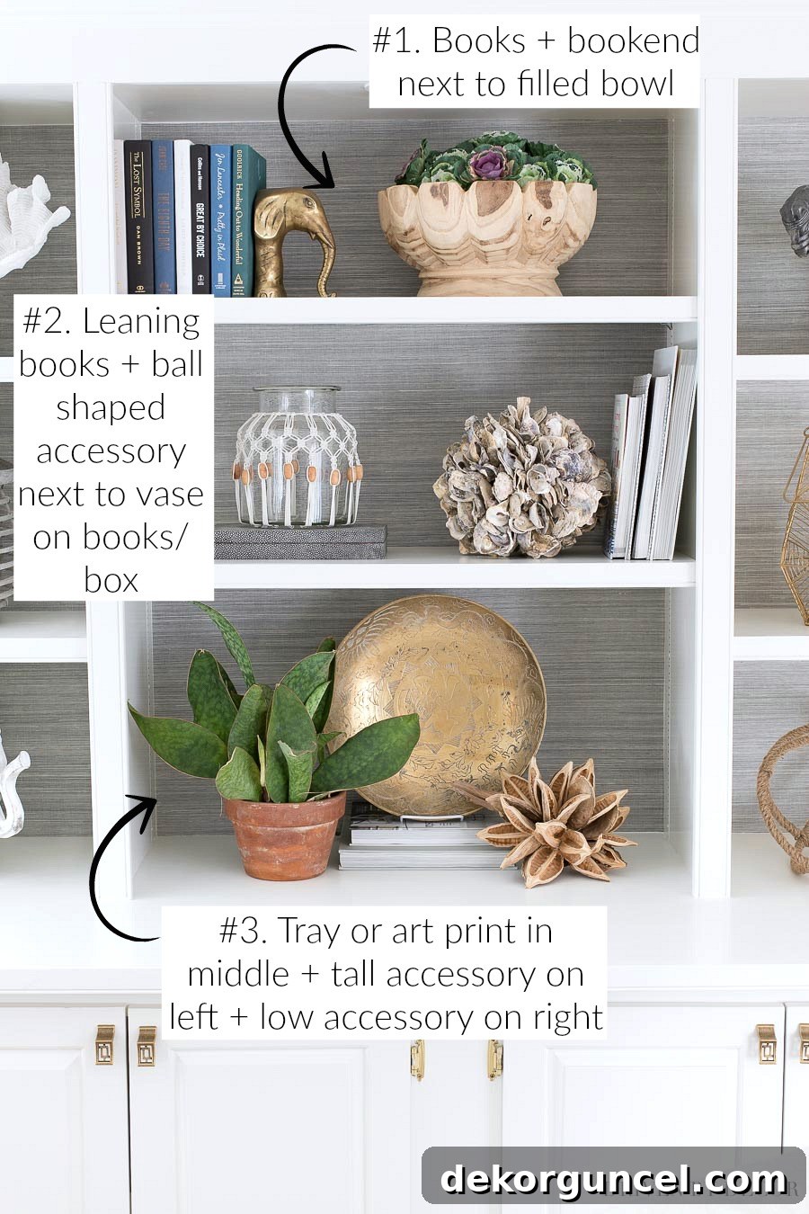 A beautifully styled bookshelf showcasing simple formulas for decorating shelves, with layered neutral decor pieces creating depth and visual interest.
