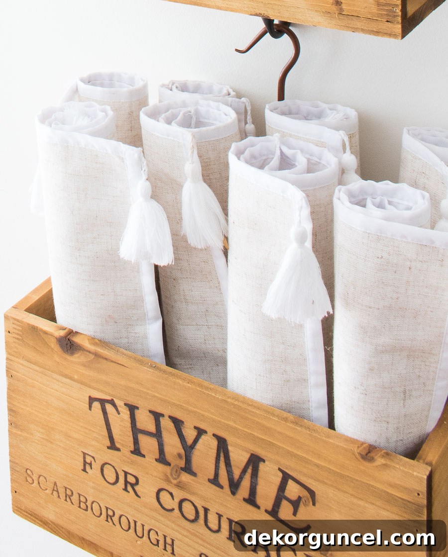 This "Thyme" wooden herb crate is perfect for holding rolled up placemats near our kitchen table!