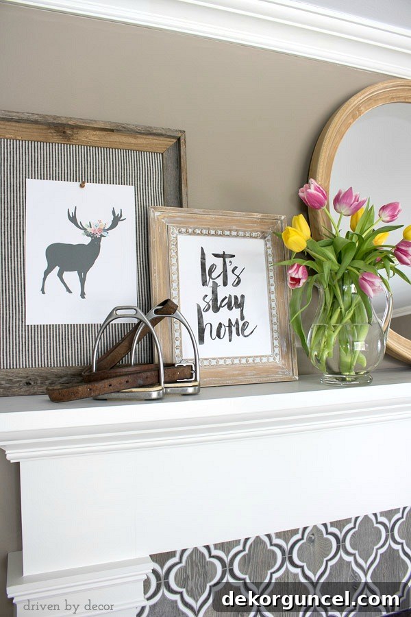 Unleash Your Inner Artist 5 Simple Projects 11 A charming spring fireplace mantel, beautifully decorated with inexpensive printable art. Find links to these delightful printables within the post!