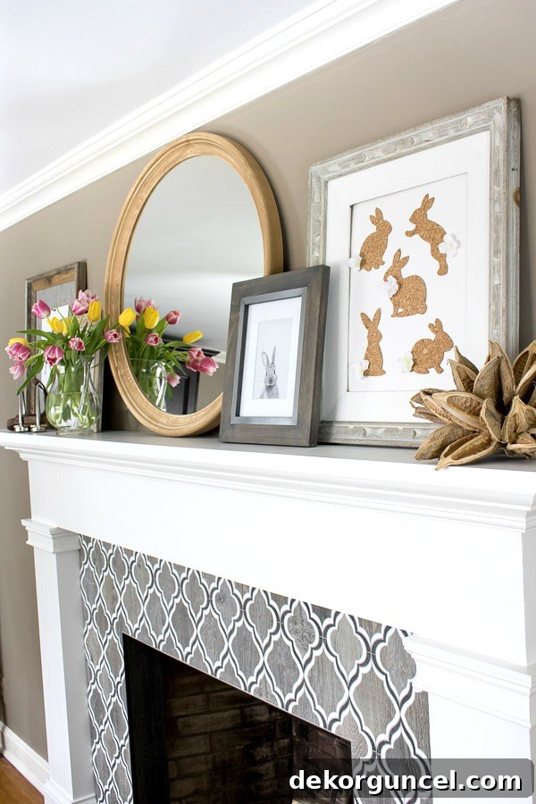 Unleash Your Inner Artist 5 Simple Projects 8 A beautifully decorated fireplace mantel for spring, featuring charming DIY cork bunny art. Perfect for adding a festive touch to your home!