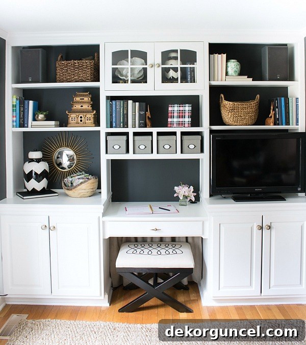Unleash Your Inner Artist 5 Simple Projects 10 Our stylish and organized home office, featuring elegant built-in bookshelves filled with personality and charm.