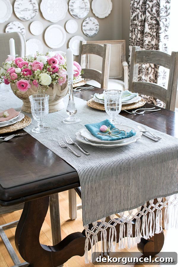 Beautiful table runner that's a DIY with macrame fringe added to ends