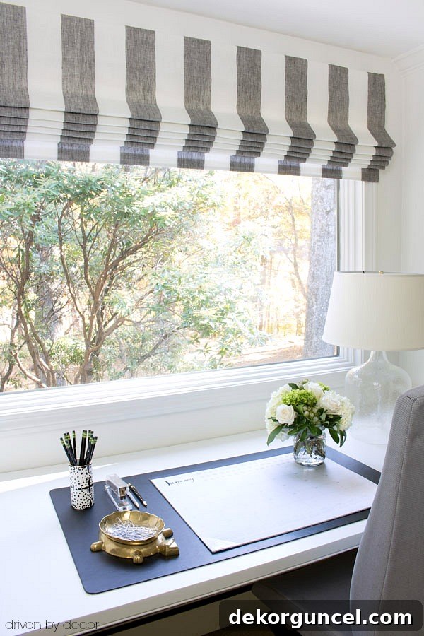 Window Treatments: Design Ideas and Expert Advice 6 Desk area with striped Roman shades on the window