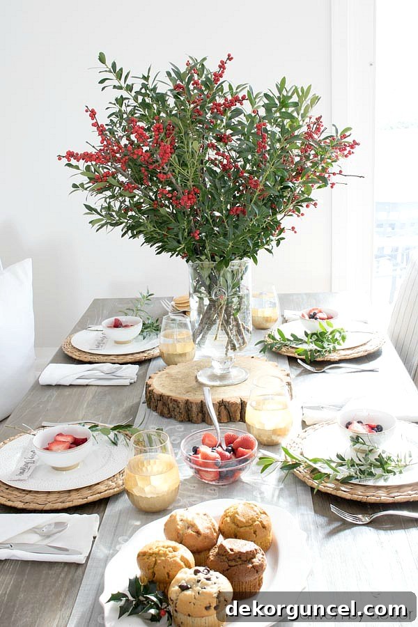 Festive Christmas Brunch Table Decor Ideas 4 Boxwood branches mixed with ilex berries for a simple holiday centerpiece!