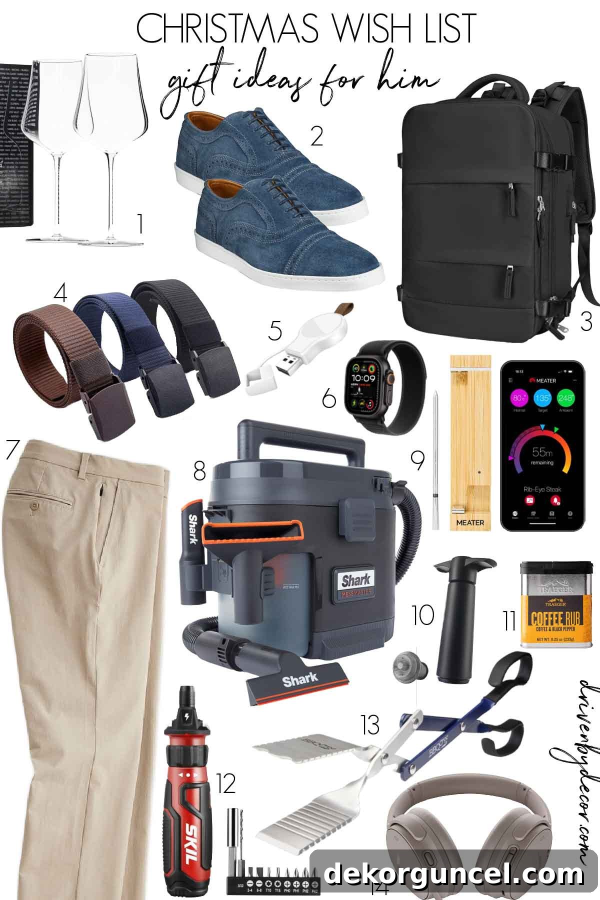A diverse collage of popular Christmas gift ideas for men, including tech, apparel, and home tools.