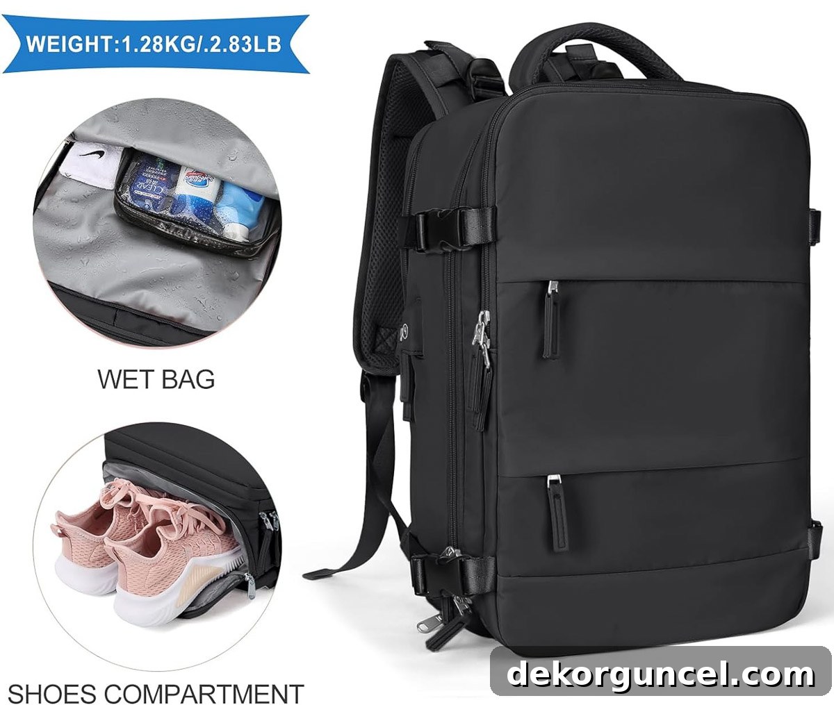 Functional laptop backpack designed for travel, with multiple compartments visible.