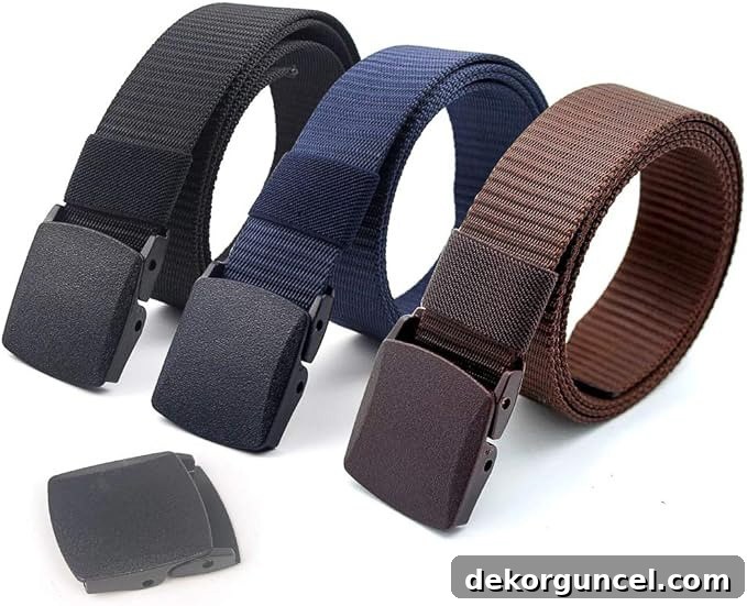 Three stylish belts in black, blue, and brown, highlighted as ideal travel accessories.