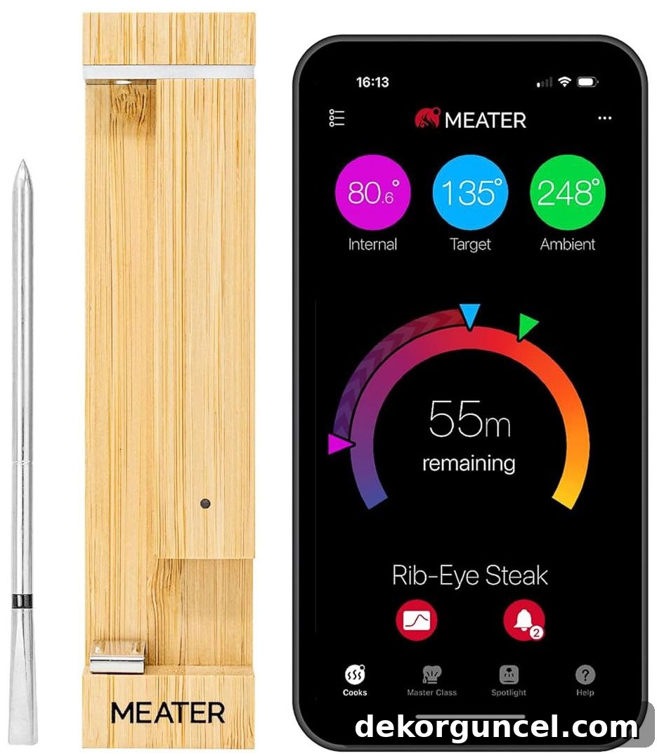 The Meater Pro wireless meat thermometer, highlighting its smart technology for grilling.
