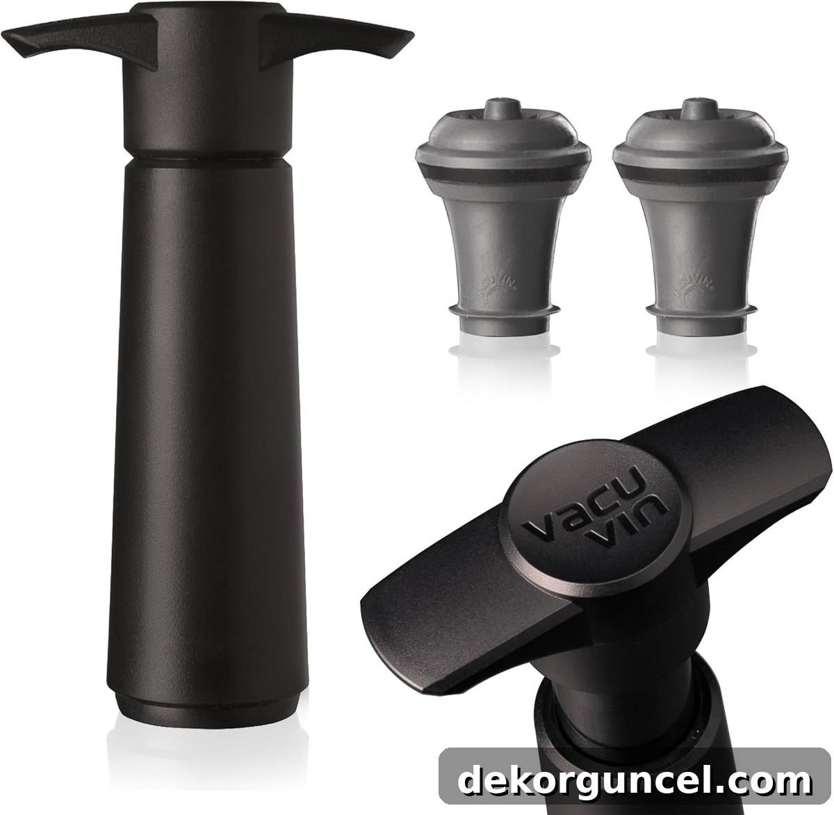 Wine vacuum pump and stopper set, designed to preserve the freshness of opened wine bottles.