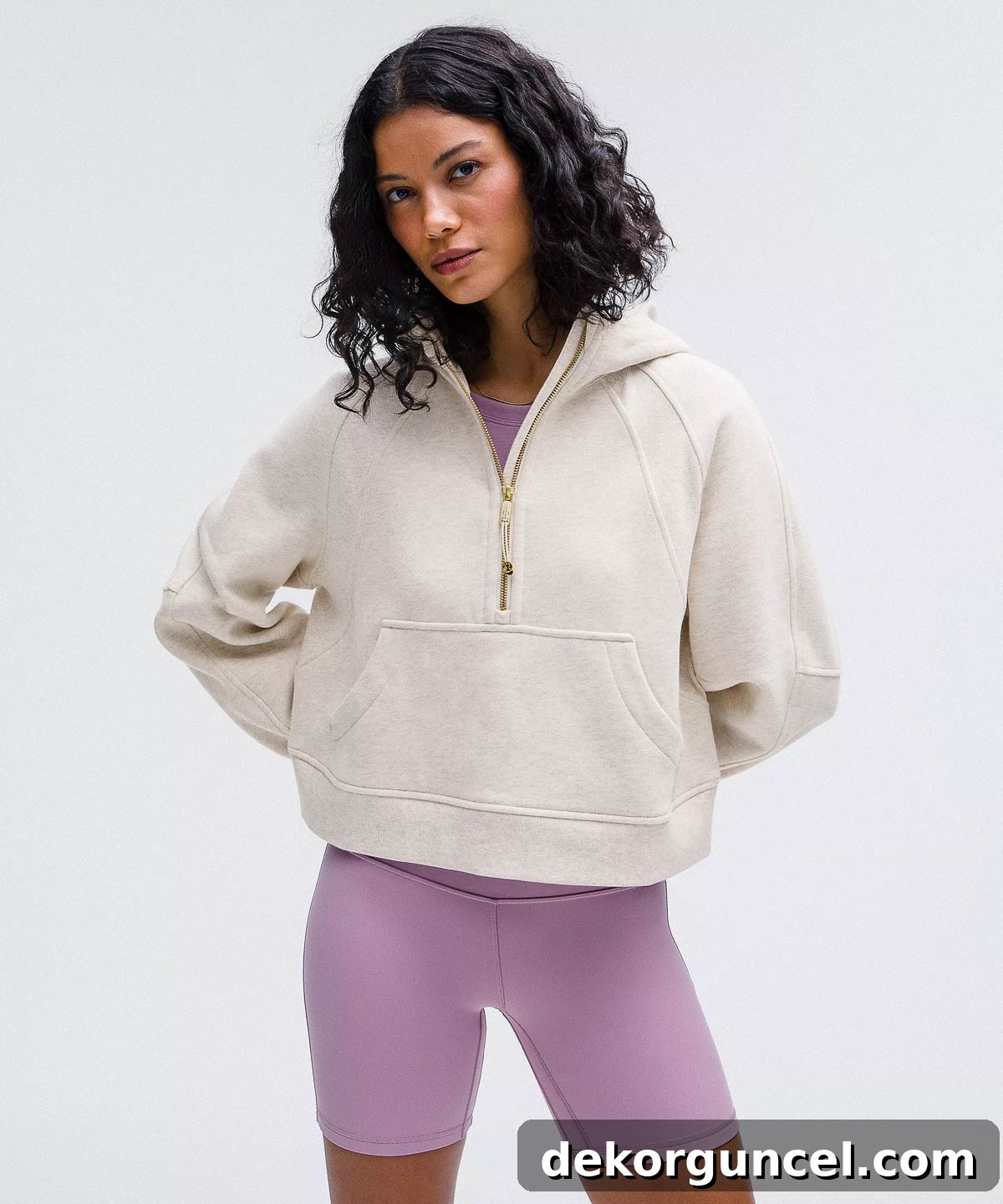 Stylish Lululemon white half-zip hoodie with an oversized fit.