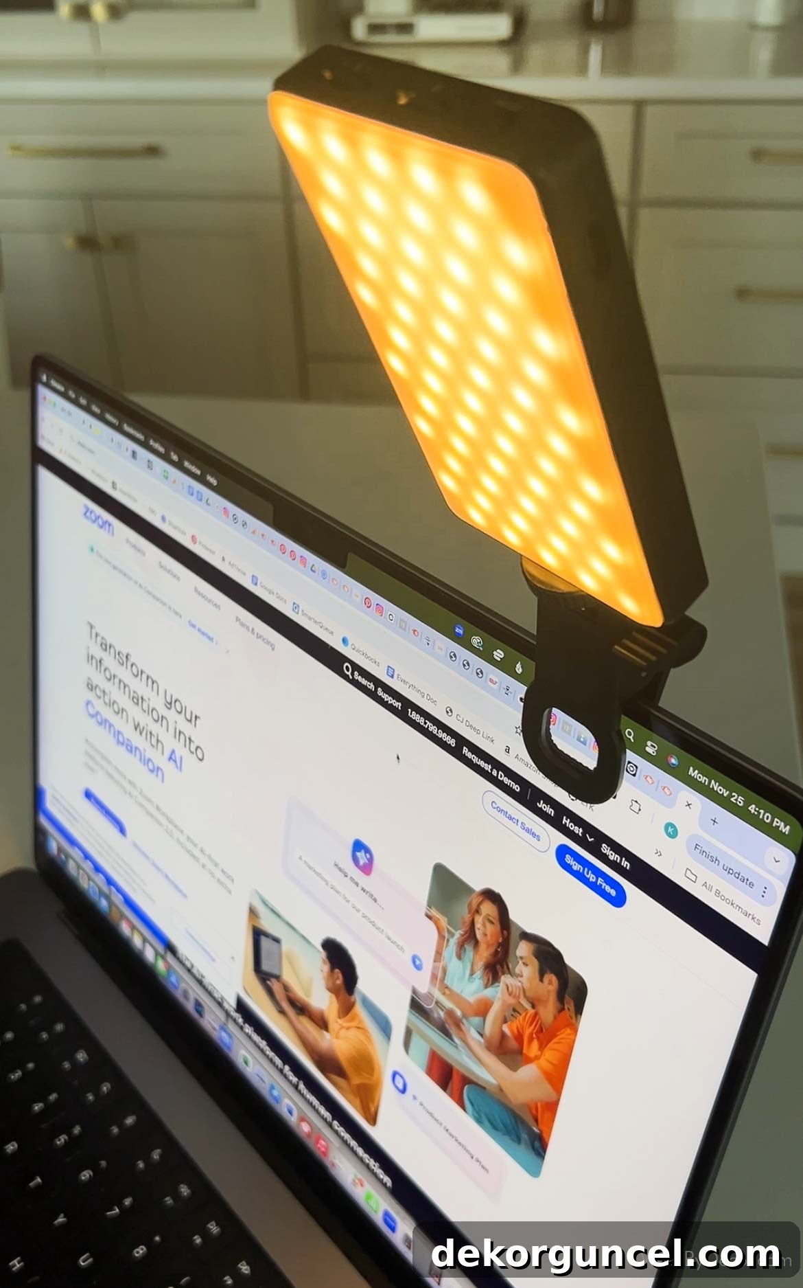 Clip-on selfie light attached to a laptop, ideal for working from home and video calls.