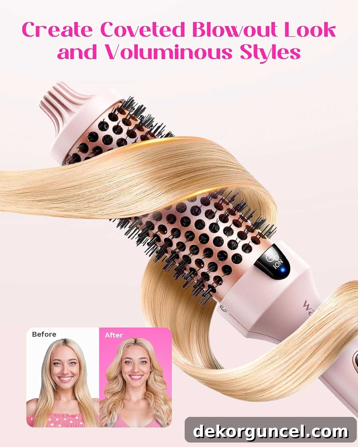 Hair being styled and curled around a thermal brush, showing volume and shine.