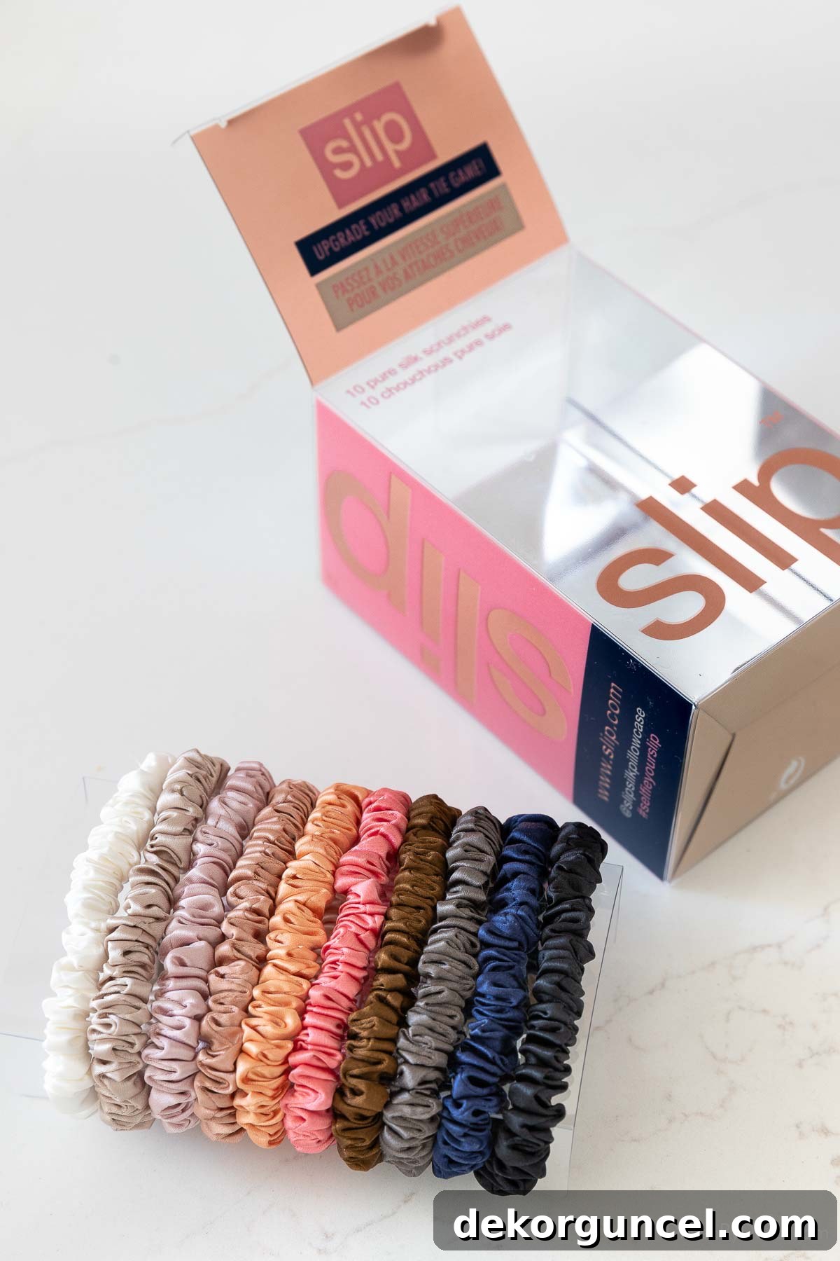 Luxurious silk scrunchies in various colors, gentle on hair and stylish.