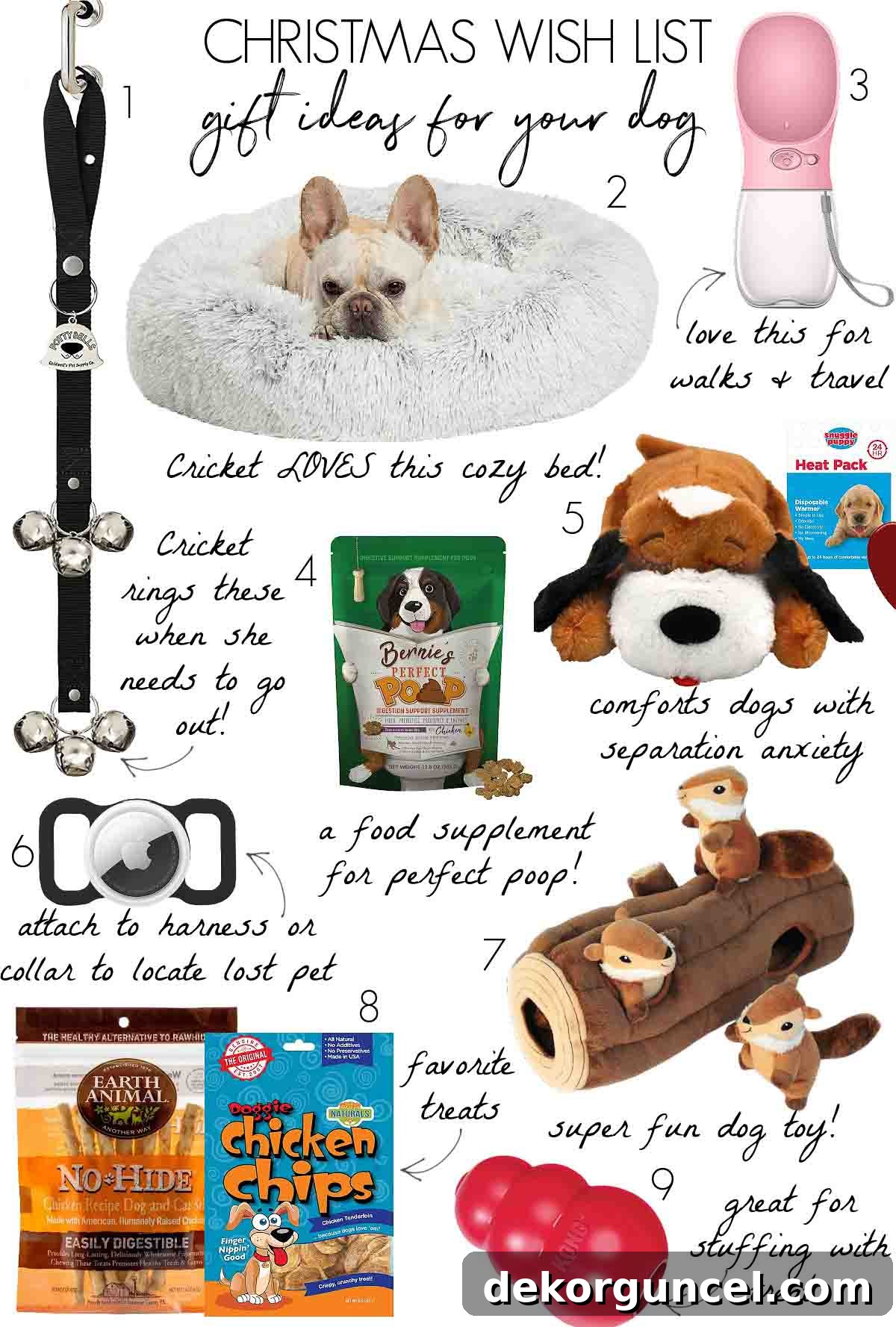 A charming collage of Christmas gift ideas specifically for dogs, featuring toys and pet accessories.