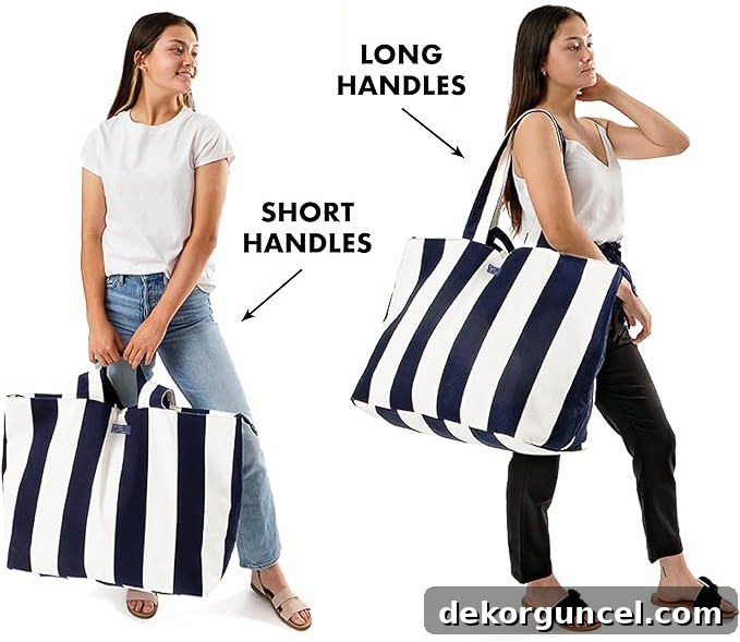 Spacious extra large tote bag in a stylish pattern, showing both short and long handle options.