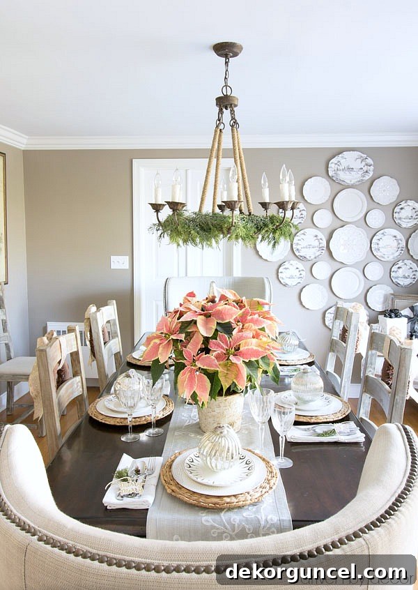 Christmas home tour - a simple table setting for Christmas with oversized ornaments at each plate