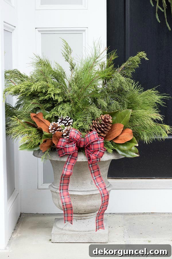 Christmas home tour - create festive Christmas / winter planters by adding greenery branches and pinecones to a pair of planters