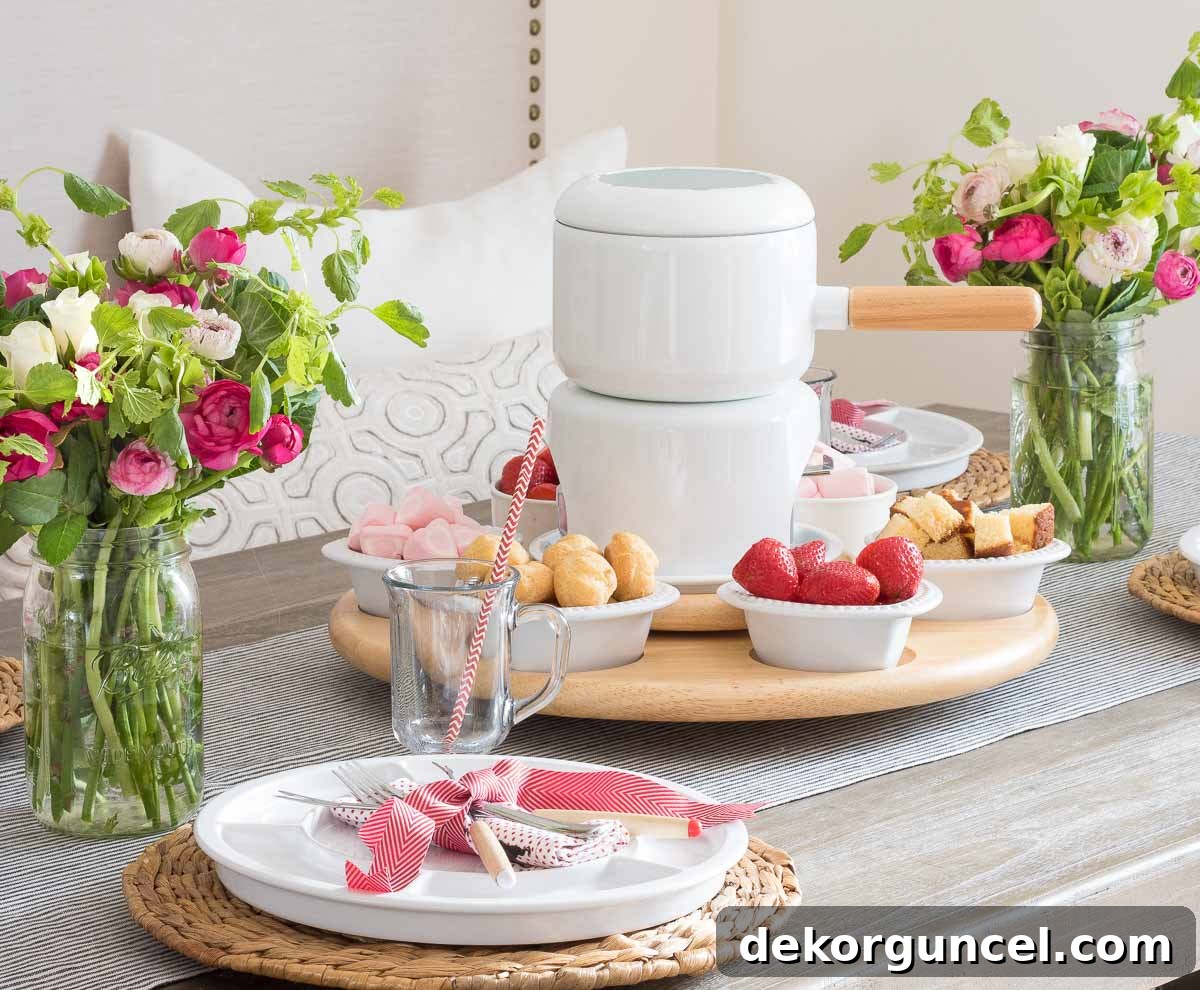 The Art of Fondue Table Presentation 2 Elegant fondue pot on a beautifully set table, ready for a delightful fondue experience