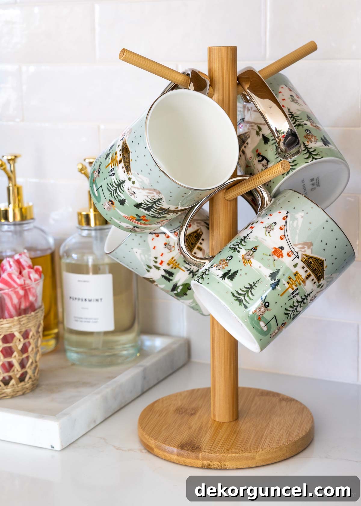 Wood mug tree holder with holiday mugs
