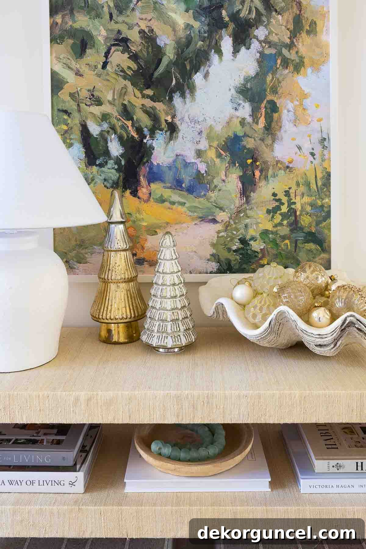 Mercury Christmas trees and ornaments added to entryway console