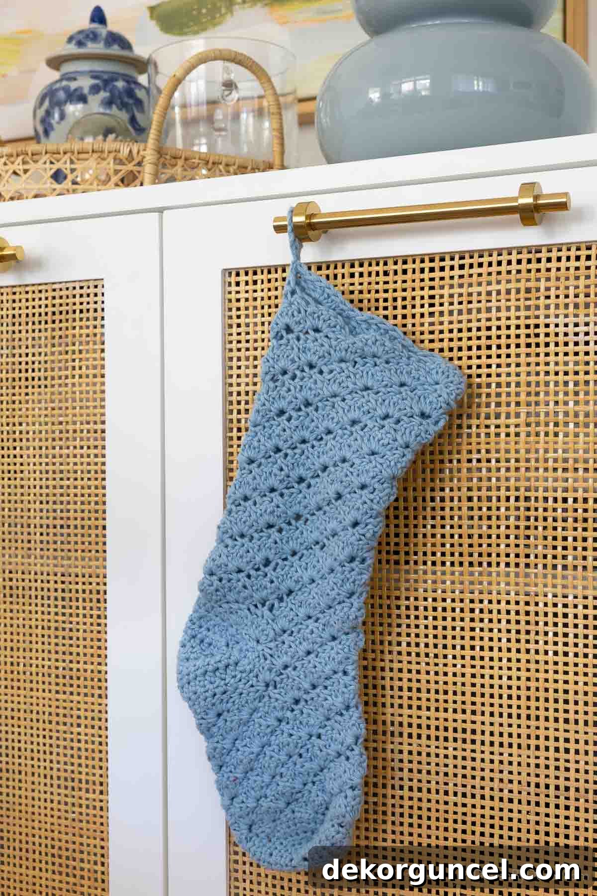 Light blue hand knit stocking