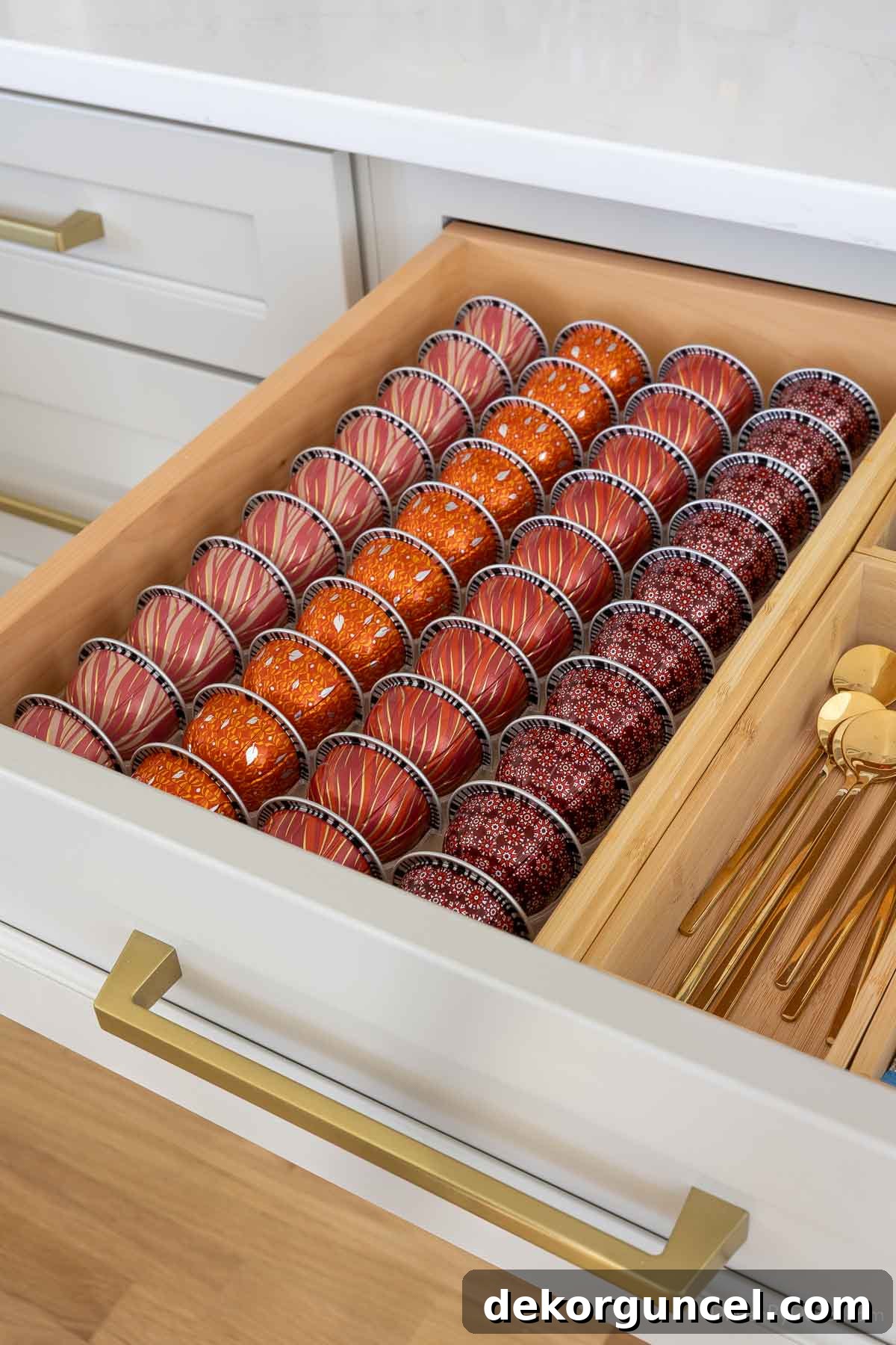 Holiday Nespresso pods organized with pod holder in drawer