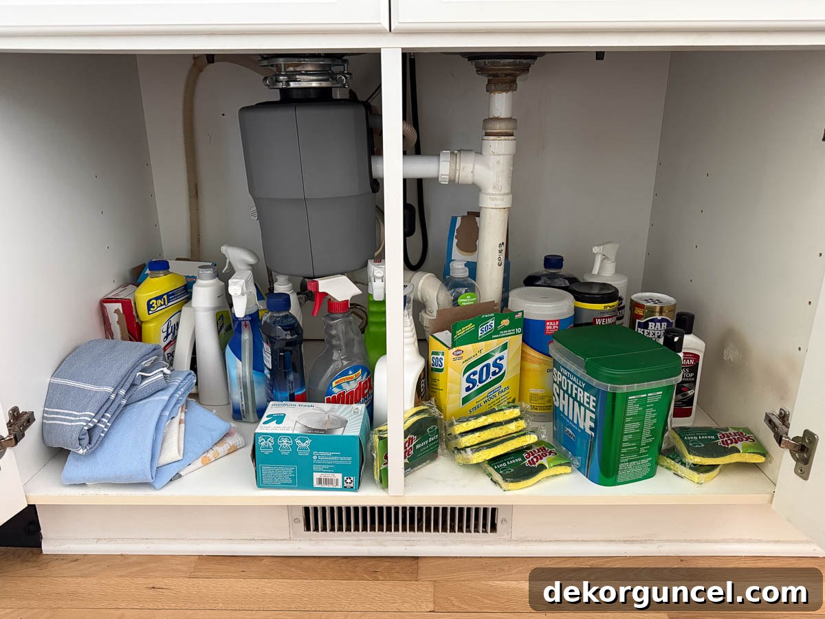Organizing Under the Kitchen Sink: A Guide to a Tidy Space 2 A cluttered under-sink cabinet filled with cleaning supplies, sponges, and other items.