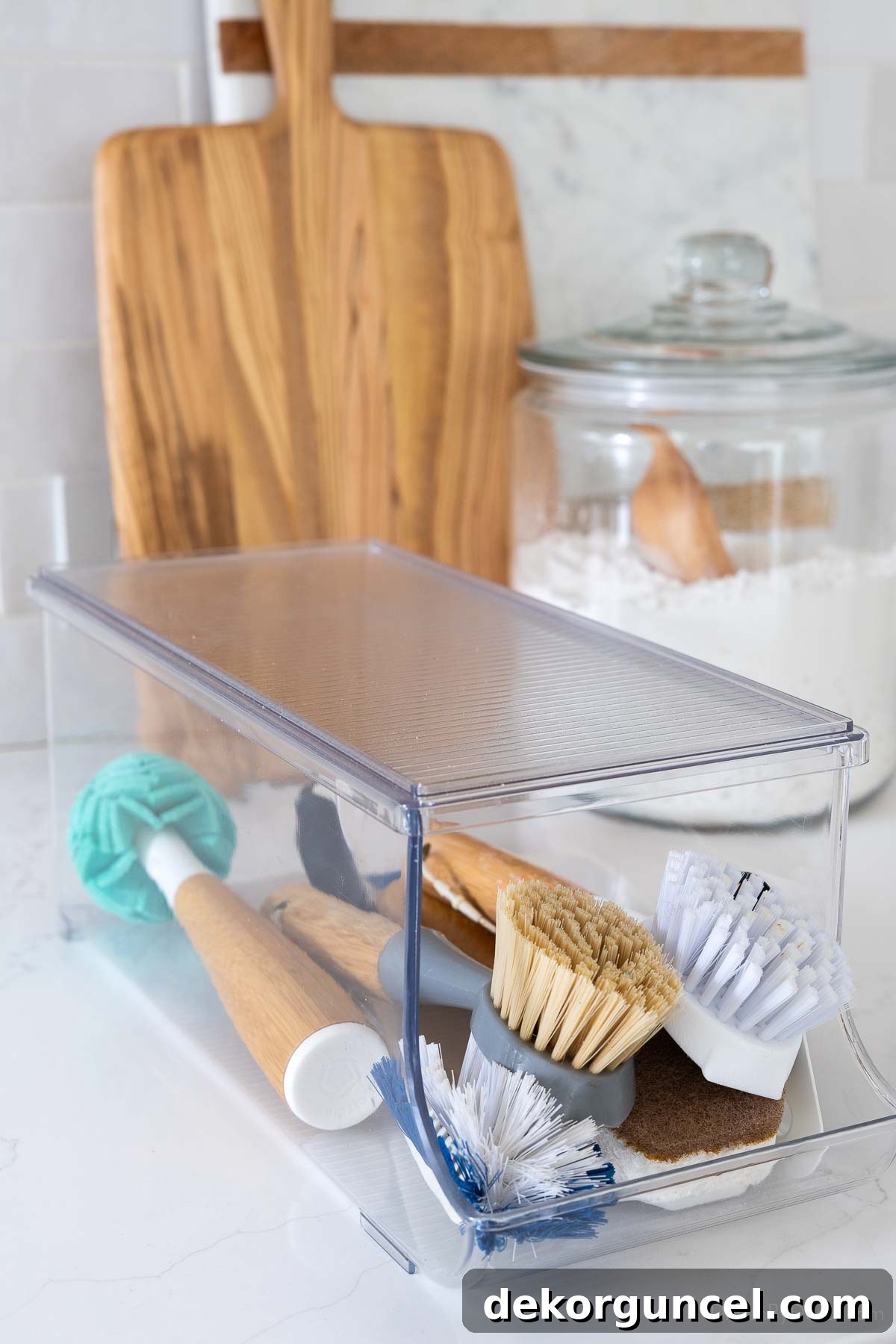 Organizing Under the Kitchen Sink: A Guide to a Tidy Space 14 Can organizer holding dish scrubbers.