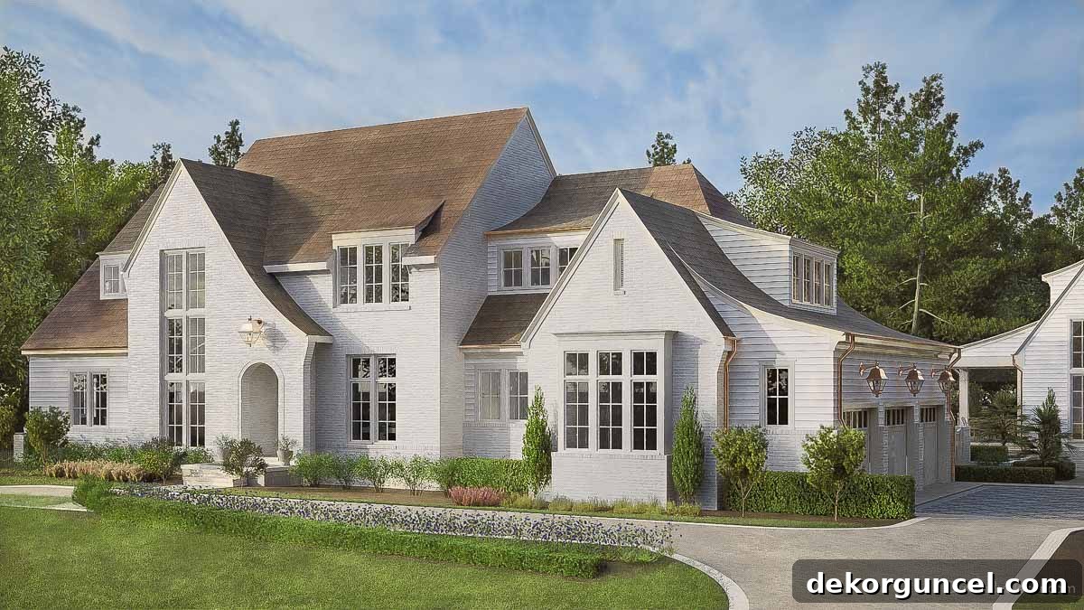 The stunning exterior of our future modern Tudor style home, blending classic character with contemporary design