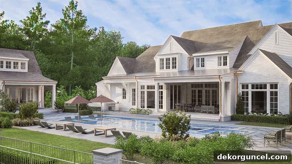 Rendering of the rear side of our modern Tudor home featuring an inviting pool area, perfect for relaxation and entertainment