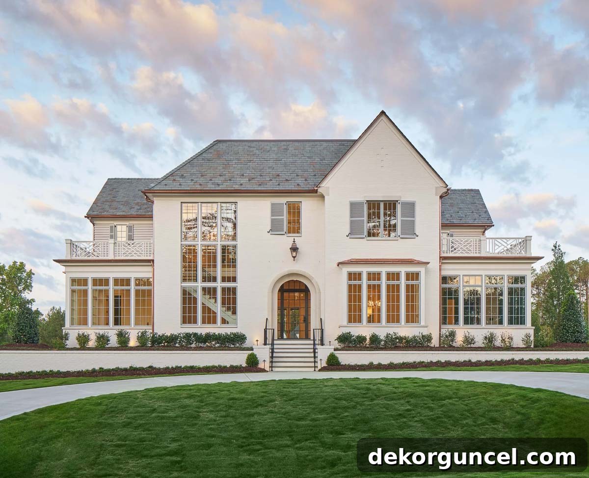 Elegant front exterior of a modern Tudor home, showcasing the distinctive design of Frazier Home Design