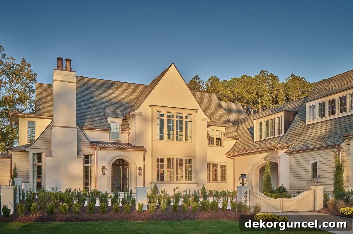 Another view of a stunning modern Tudor home exterior, highlighting Frazier Home Design's architectural expertise