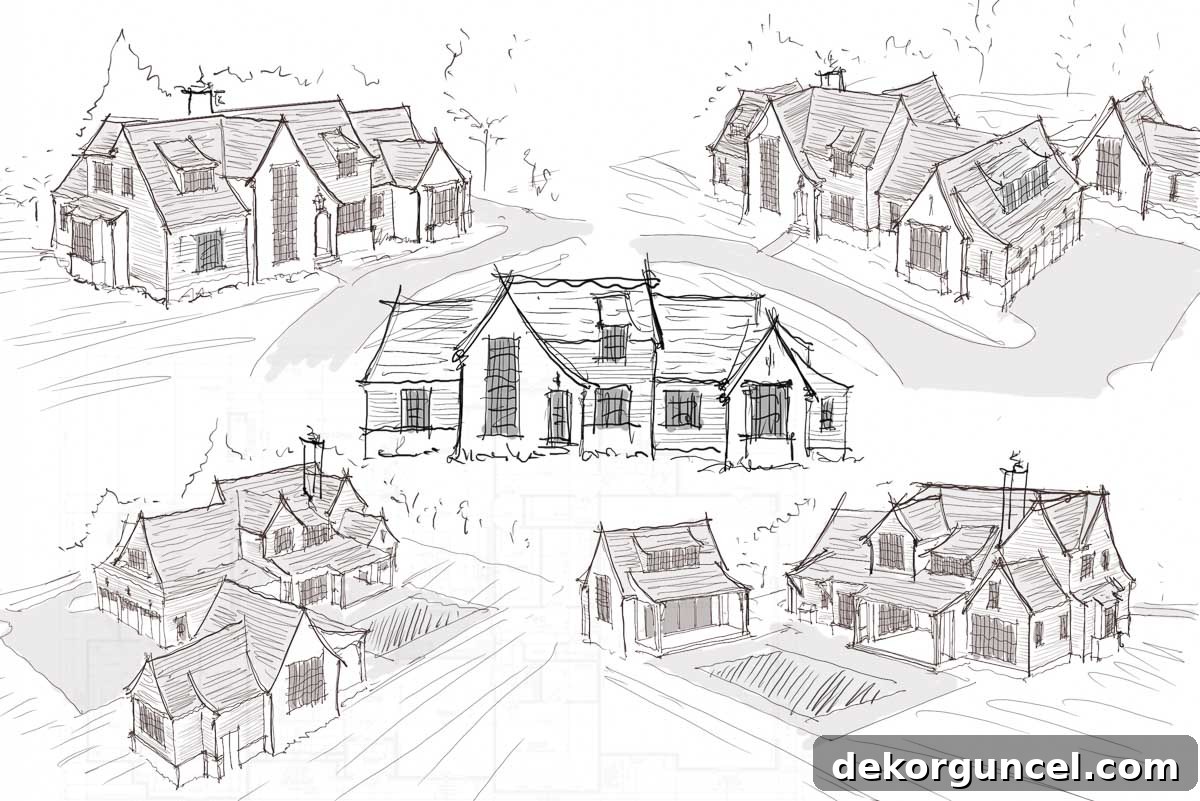 Detailed sketches of various exterior views, illustrating the nuanced design of our modern Tudor home