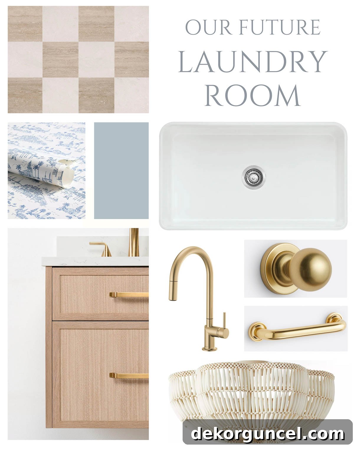 Inspirational laundry room mood board created using Canva, featuring a classic yet fresh design