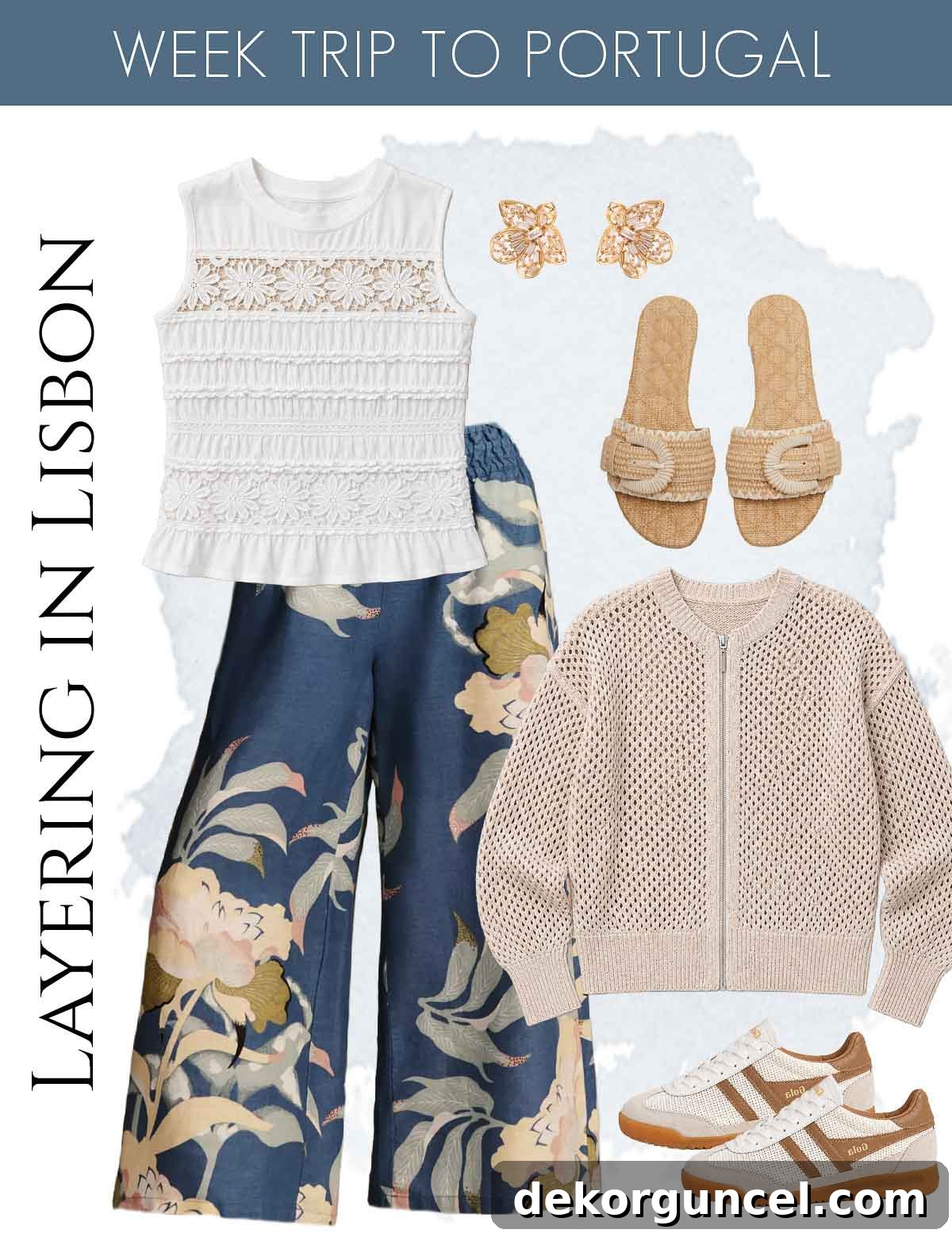 Family Trip to Portugal: Where We Stayed, Ate and Explored 2 Layered women's fashion for Lisbon with patterned pants, white smocked top, and tan sweater