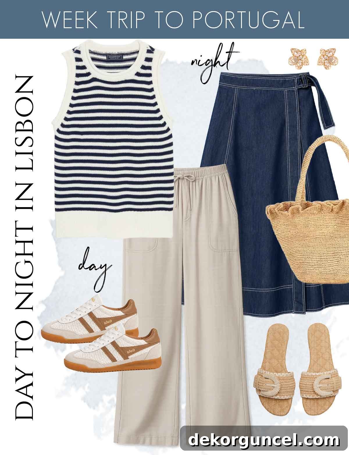 Family Trip to Portugal: Where We Stayed, Ate and Explored 3 Day to night women's fashion in Lisbon with striped tank, long tan pants, and jean skirt with accessories