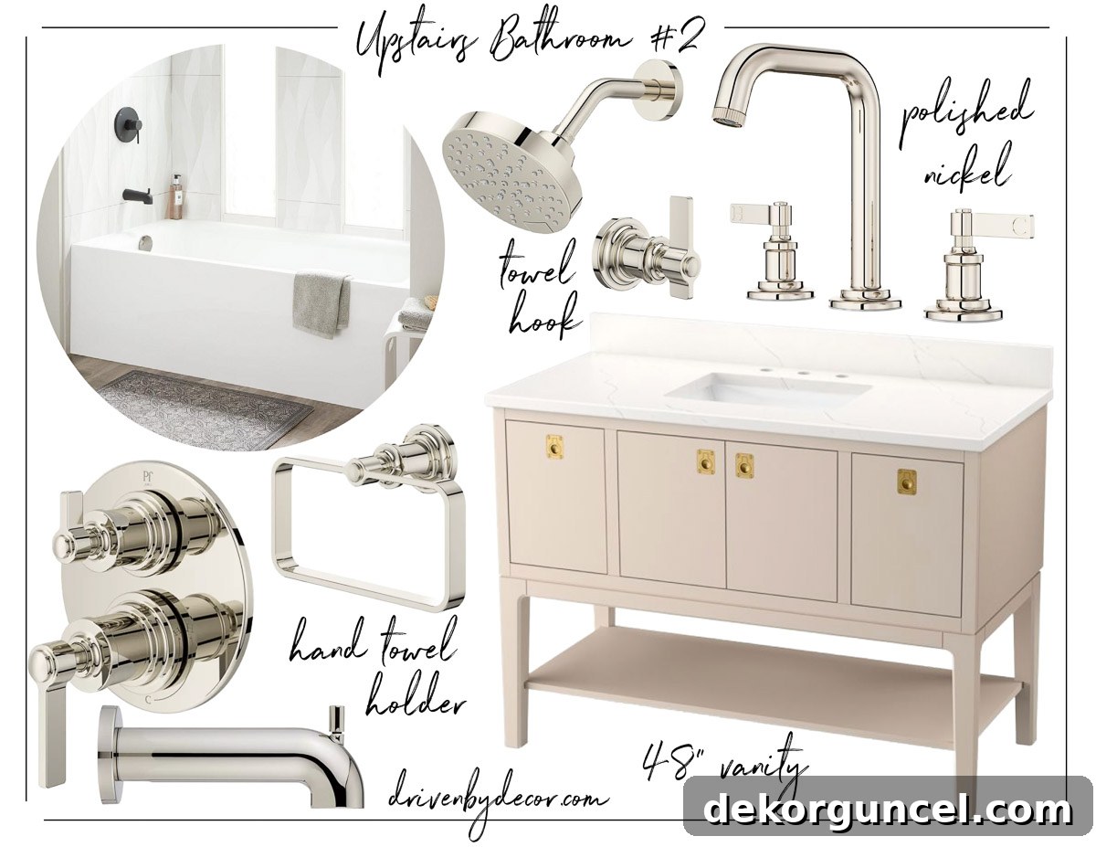 Timeless Bathroom Fixtures for Your New Build 3 Collage of timeless bathroom fixtures in polished nickel plus bathtub and vanity