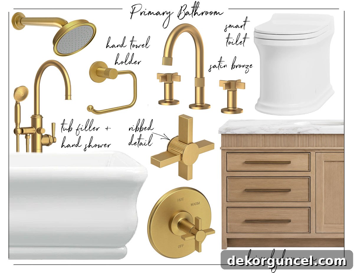 Timeless Bathroom Fixtures for Your New Build 5 Collage of satin bronze bathroom fixtures, tub, vanity, and toilet for primary bathroom