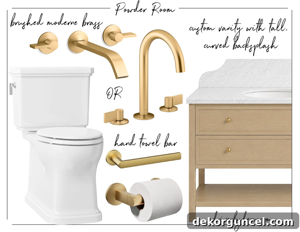 Timeless Bathroom Fixtures for Your New Build 7 Timeless bathroom fixtures in brushed brass plus vanity and toilet in powder room