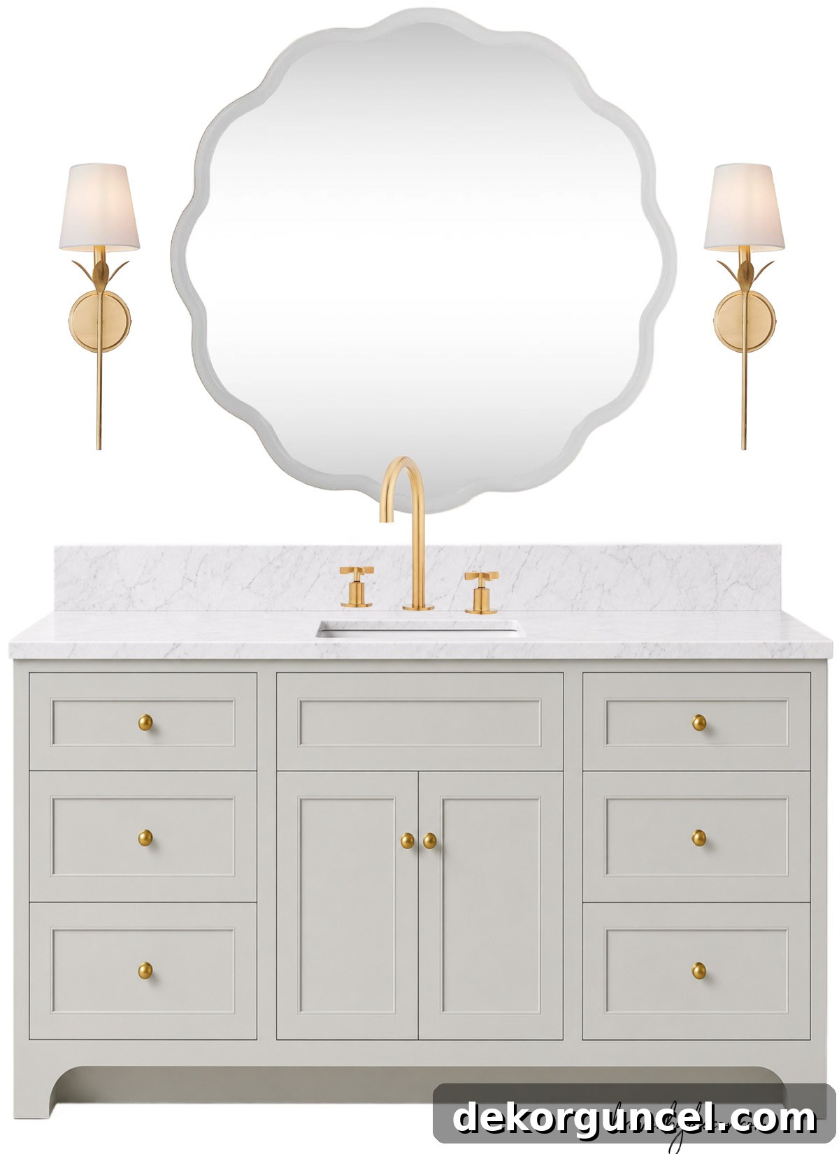 Light green bathroom vanity with wavy mirror and sconces