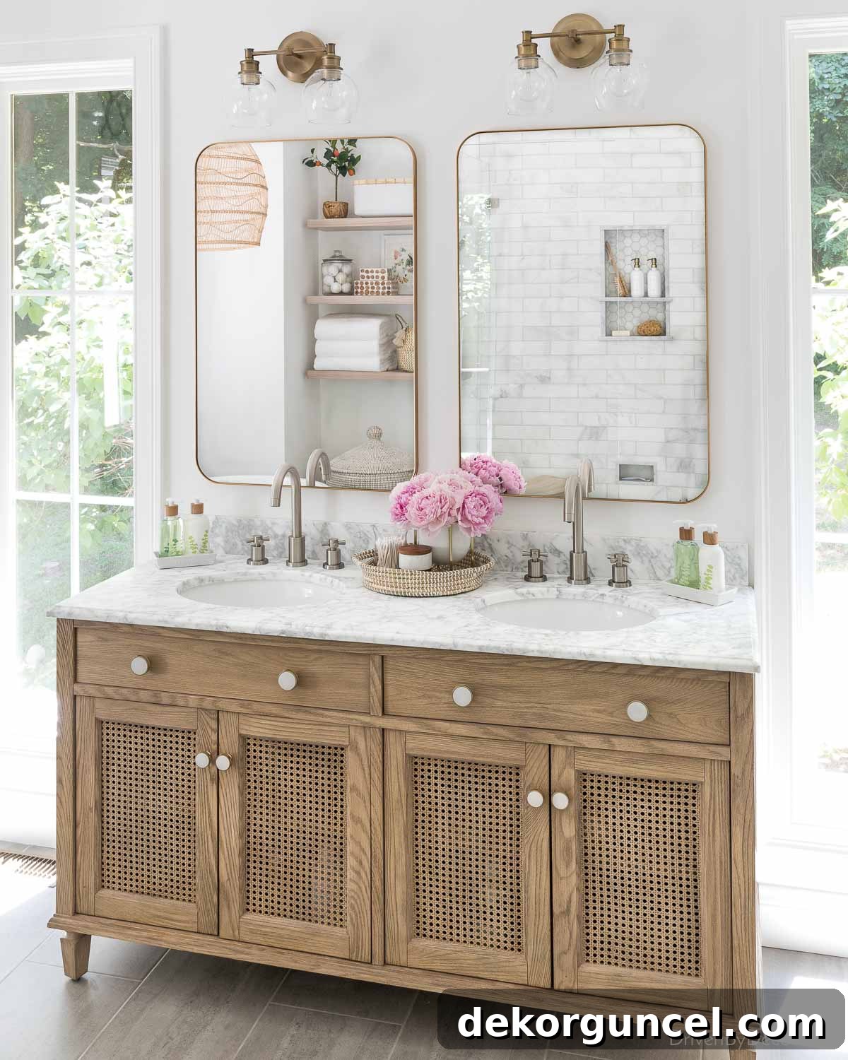Double vanity with mirrors and vanity light showing best vanity light height