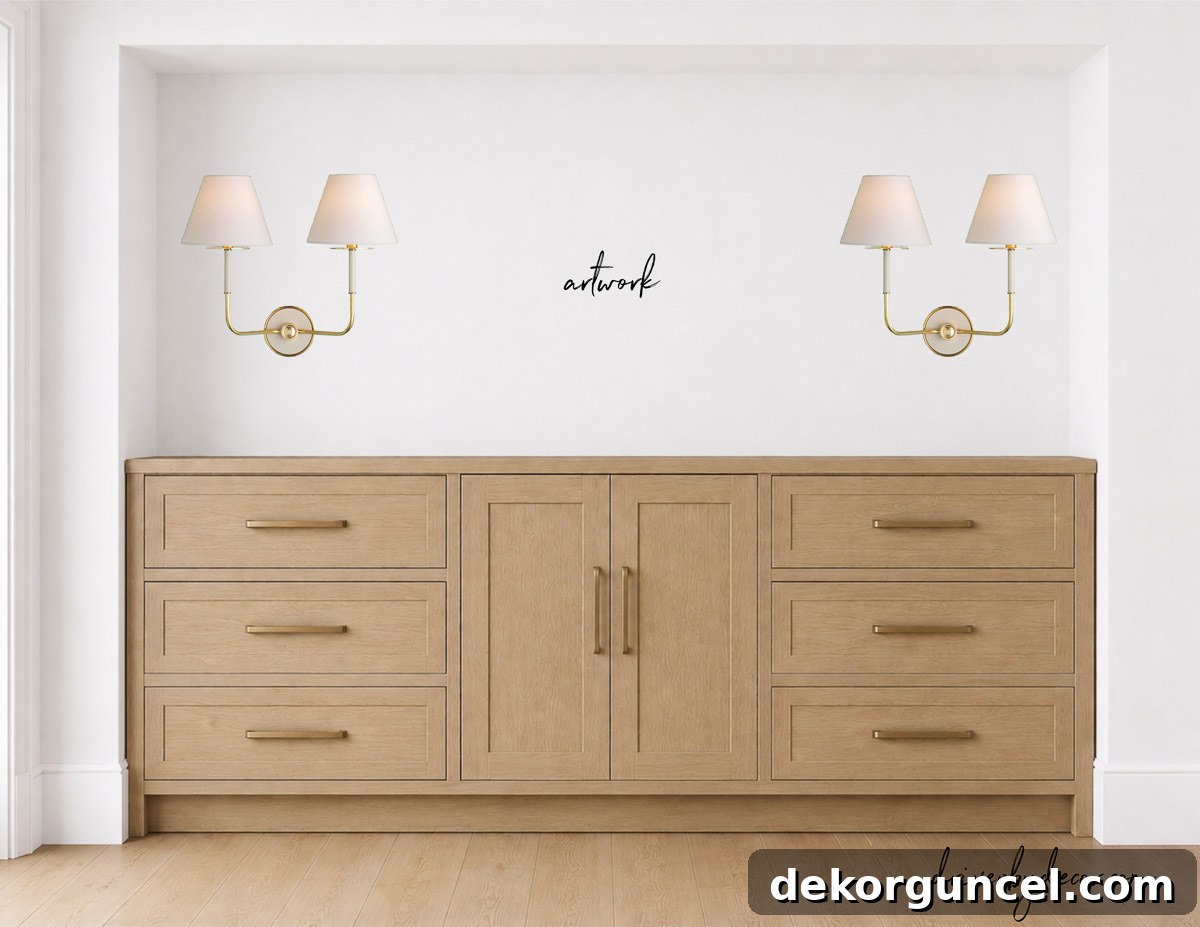 Two sets of double sconces above dining room sideboard